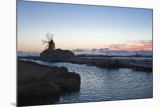 Windmill and Saltworks at Dusk , Marsala, Sicily, Italy-Massimo Borchi-Mounted Photographic Print