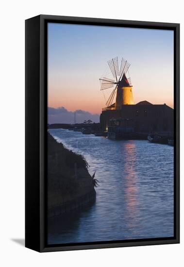 Windmill and Saltworks at Sunset, Marsala, Sicily, Italy-Massimo Borchi-Framed Stretched Canvas