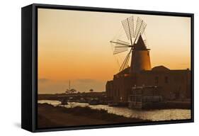 Windmill and Saltworks at Sunset, Marsala, Sicily, Italy-Massimo Borchi-Framed Stretched Canvas