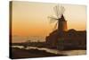 Windmill and Saltworks at Sunset, Marsala, Sicily, Italy-Massimo Borchi-Stretched Canvas