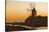 Windmill and Saltworks at Sunset, Marsala, Sicily, Italy-Massimo Borchi-Stretched Canvas