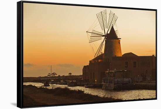 Windmill and Saltworks at Sunset, Marsala, Sicily, Italy-Massimo Borchi-Framed Stretched Canvas