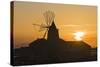 Windmill and Saltworks at Sunset, Marsala, Sicily, Italy-Massimo Borchi-Stretched Canvas