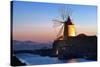 Windmill and Saltworks at Sunset, Marsala, Sicily, Italy-Massimo Borchi-Stretched Canvas