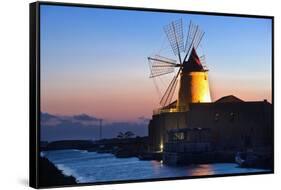 Windmill and Saltworks at Sunset, Marsala, Sicily, Italy-Massimo Borchi-Framed Stretched Canvas