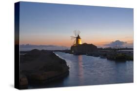 Windmill and Saltworks at Sunset, Marsala, Sicily, Italy-Massimo Borchi-Stretched Canvas