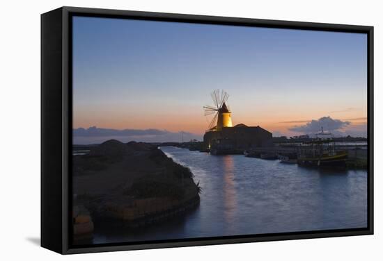 Windmill and Saltworks at Sunset, Marsala, Sicily, Italy-Massimo Borchi-Framed Stretched Canvas