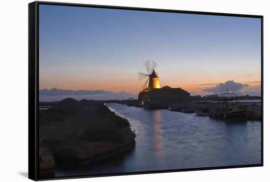 Windmill and Saltworks at Sunset, Marsala, Sicily, Italy-Massimo Borchi-Framed Stretched Canvas