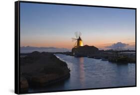 Windmill and Saltworks at Sunset, Marsala, Sicily, Italy-Massimo Borchi-Framed Stretched Canvas