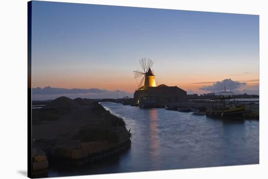 Windmill and Saltworks at Sunset, Marsala, Sicily, Italy-Massimo Borchi-Stretched Canvas