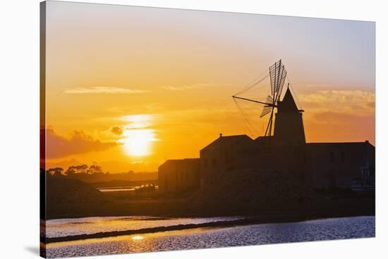 Windmill and Saltworks at Sunset, Marsala, Sicily, Italy-Massimo Borchi-Stretched Canvas