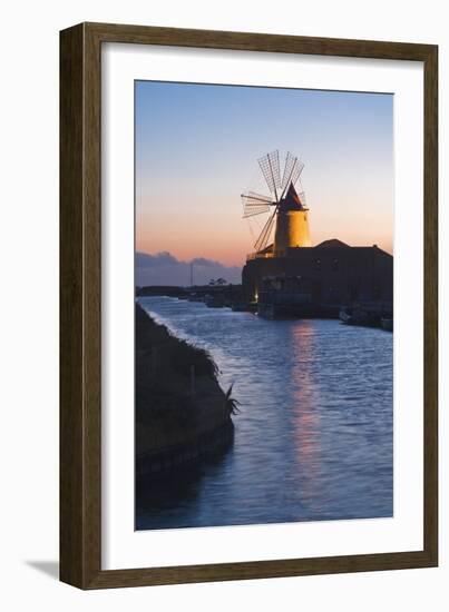 Windmill and Saltworks at Sunset, Marsala, Sicily, Italy-Massimo Borchi-Framed Photographic Print