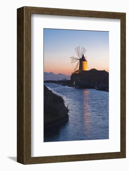 Windmill and Saltworks at Sunset, Marsala, Sicily, Italy-Massimo Borchi-Framed Photographic Print