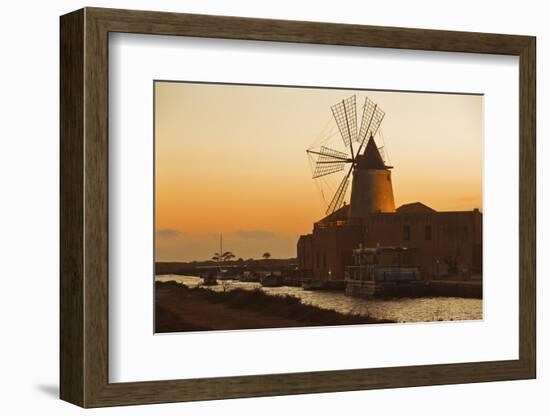 Windmill and Saltworks at Sunset, Marsala, Sicily, Italy-Massimo Borchi-Framed Photographic Print