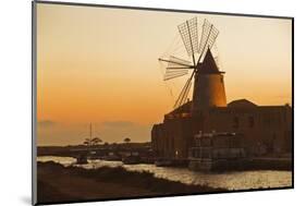 Windmill and Saltworks at Sunset, Marsala, Sicily, Italy-Massimo Borchi-Mounted Photographic Print