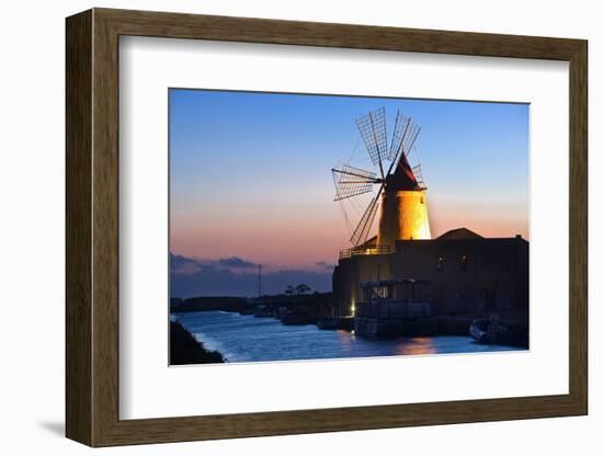 Windmill and Saltworks at Sunset, Marsala, Sicily, Italy-Massimo Borchi-Framed Photographic Print