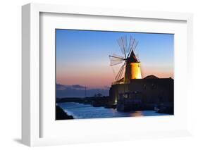 Windmill and Saltworks at Sunset, Marsala, Sicily, Italy-Massimo Borchi-Framed Photographic Print