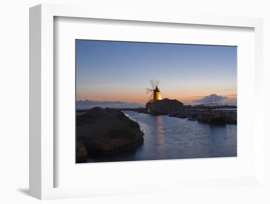 Windmill and Saltworks at Sunset, Marsala, Sicily, Italy-Massimo Borchi-Framed Photographic Print