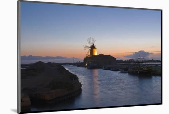 Windmill and Saltworks at Sunset, Marsala, Sicily, Italy-Massimo Borchi-Mounted Photographic Print