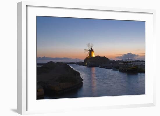 Windmill and Saltworks at Sunset, Marsala, Sicily, Italy-Massimo Borchi-Framed Photographic Print