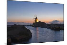 Windmill and Saltworks at Sunset, Marsala, Sicily, Italy-Massimo Borchi-Mounted Photographic Print