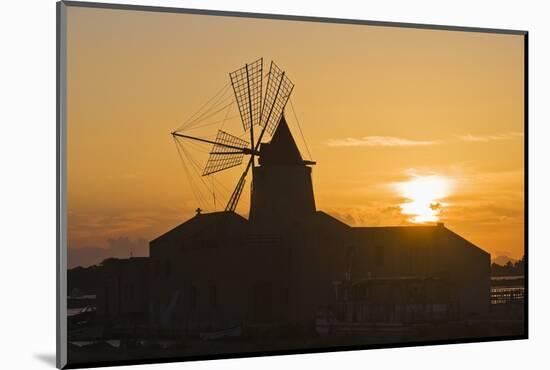 Windmill and Saltworks at Sunset, Marsala, Sicily, Italy-Massimo Borchi-Mounted Photographic Print