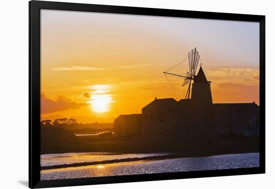 Windmill and Saltworks at Sunset, Marsala, Sicily, Italy-Massimo Borchi-Framed Photographic Print