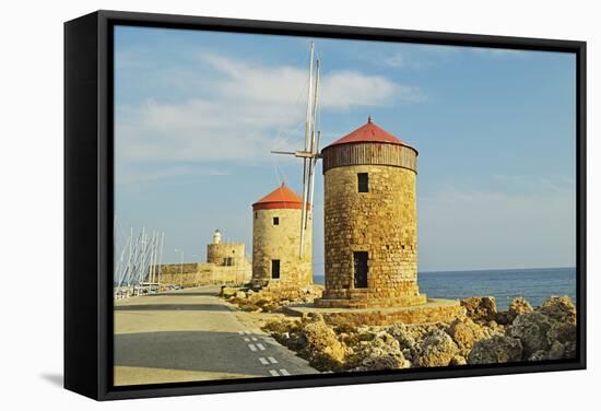 Windmills, Mandraki Harbor, Rhodes City, Rhodes, Dodecanese-Jochen Schlenker-Framed Stretched Canvas