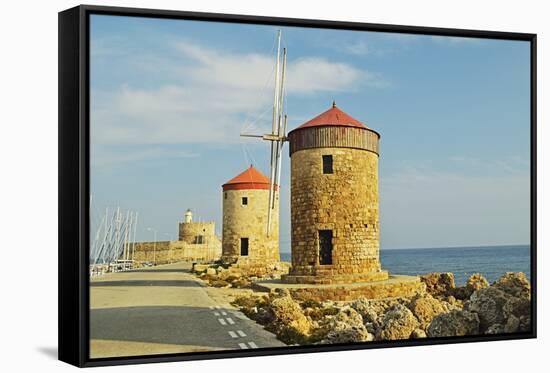 Windmills, Mandraki Harbor, Rhodes City, Rhodes, Dodecanese-Jochen Schlenker-Framed Stretched Canvas