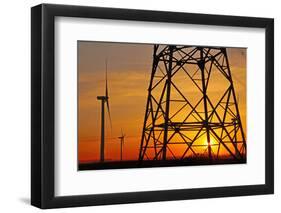 Windmills, pylon and power lines in morning light, Germany, Europe-Hans-Peter Merten-Framed Photographic Print