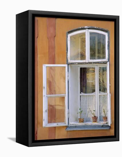 Window and Flower Pots, Tabor, South Bohemia, Czech Republic, Europe-Upperhall Ltd-Framed Stretched Canvas