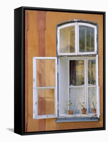 Window and Flower Pots, Tabor, South Bohemia, Czech Republic, Europe-Upperhall Ltd-Framed Stretched Canvas