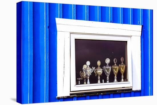 Window Display with Football Cups in a House of the Village Ilulissat, Greenland-Françoise Gaujour-Stretched Canvas