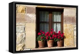 Window Flower Pots in Village of Santillana Del Mar, Cantabria, Spain-David R^ Frazier-Framed Stretched Canvas