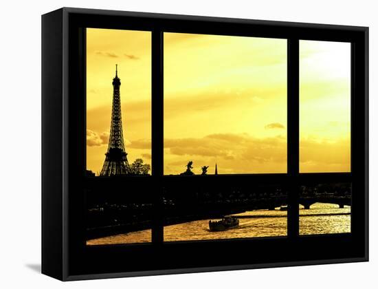 Window View - Color Sunset in Paris with the Eiffel Tower and the Seine River - France - Europe-Philippe Hugonnard-Framed Stretched Canvas