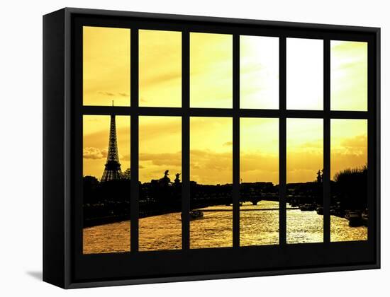 Window View - Color Sunset in Paris with the Eiffel Tower and the Seine River - France - Europe-Philippe Hugonnard-Framed Stretched Canvas