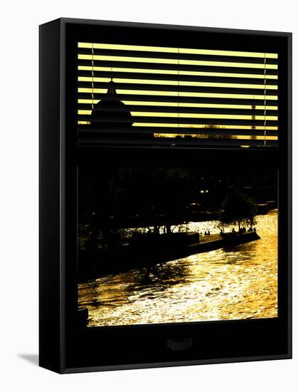 Window View - Color Sunset in Paris with the Eiffel Tower and the Seine River - France - Europe-Philippe Hugonnard-Framed Stretched Canvas