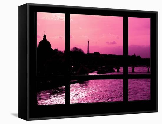 Window View - Color Sunset in Paris with the Eiffel Tower and the Seine River - France - Europe-Philippe Hugonnard-Framed Stretched Canvas