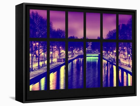 Window View - Night View of the Canal Saint Martin - Paris - France - Europe-Philippe Hugonnard-Framed Stretched Canvas