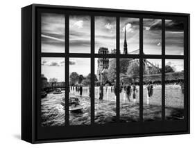 Window View - Notre Dame Cathedral and Bateau Mouche on the River Seine - Paris - France - Europe-Philippe Hugonnard-Framed Stretched Canvas