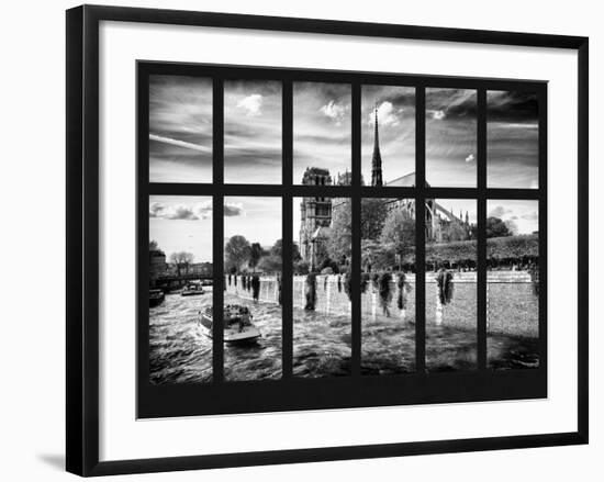 Window View - Notre Dame Cathedral and Bateau Mouche on the River Seine - Paris - France - Europe-Philippe Hugonnard-Framed Photographic Print