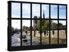 Window View - Notre Dame Cathedral and Bateau Mouche on the River Seine - Paris - France - Europe-Philippe Hugonnard-Stretched Canvas