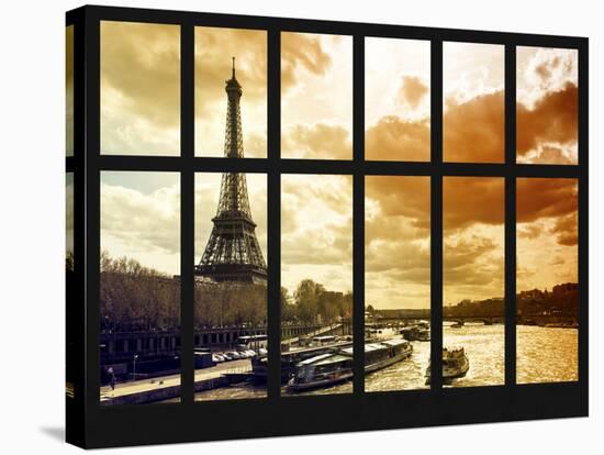 Window View - River Seine with Bateaux Mouches - Eiffel Tower at Sunset - Paris - France-Philippe Hugonnard-Stretched Canvas