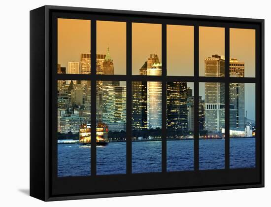 Window View - Skyscrapers of Manhattan with a Boat on the East River - Manhattan - New York City-Philippe Hugonnard-Framed Stretched Canvas