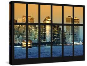 Window View - Skyscrapers of Manhattan with a Boat on the East River - Manhattan - New York City-Philippe Hugonnard-Stretched Canvas