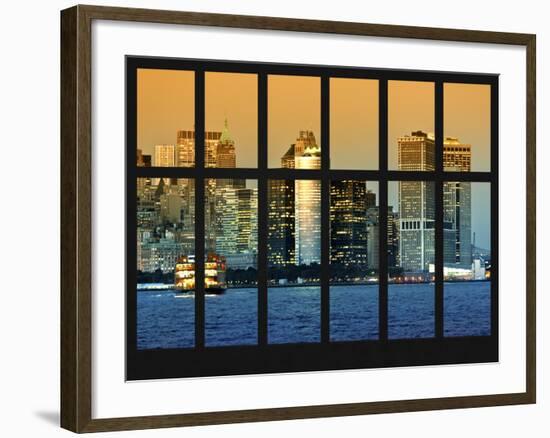 Window View - Skyscrapers of Manhattan with a Boat on the East River - Manhattan - New York City-Philippe Hugonnard-Framed Photographic Print