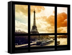 Window View, Special Series, Eiffel Tower and the Seine River at Sunset, Paris, France, Europe-Philippe Hugonnard-Framed Stretched Canvas