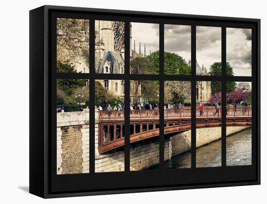 Window View - the Pont au Double with Notre Dame Cathedral - River Seine - Paris - France - Europe-Philippe Hugonnard-Framed Stretched Canvas