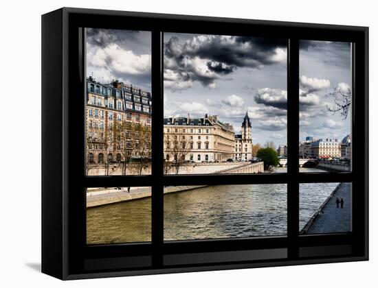 Window View, Walk a Couple of Lovers on the Seine, Ile Saint Louis, Seine River, Paris-Philippe Hugonnard-Framed Stretched Canvas