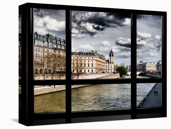 Window View, Walk a Couple of Lovers on the Seine, Ile Saint Louis, Seine River, Paris-Philippe Hugonnard-Stretched Canvas